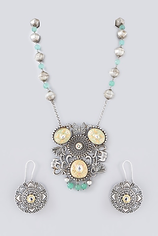 Silver Finish Multi-Colored Semi-Precious Stone & Kundan Polki Necklace Set by Velvetbox by Shweta